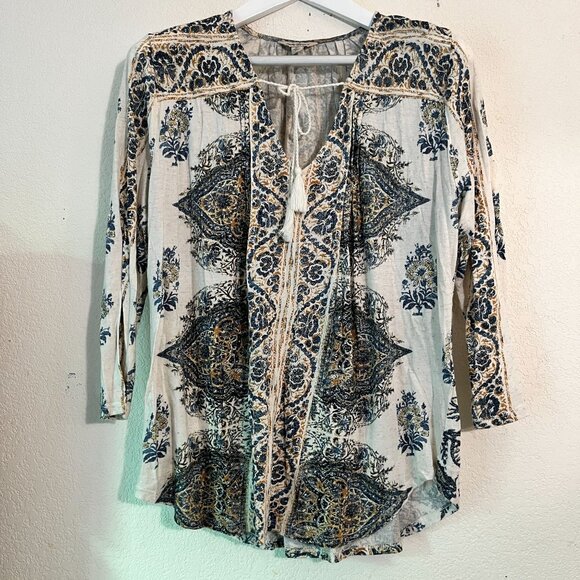 Lucky Brand Womens Boho Tunic Peasant Top XL Blue Floral 3/4 Sleeve Lightweight - Picture 1 of 10